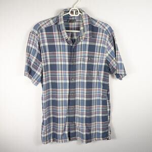 Eddie Bauer Shirt Mens Large Plaid Short Sleeve Button Front Cotton Blue Red